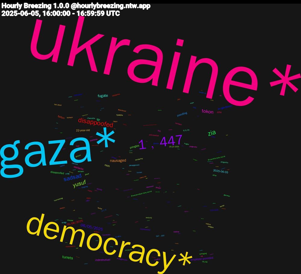 Word Cloud; its top words (sorted by weighted frequency, descending):  ukraine*, gaza*, democracy*, 1﹐447, zia, disappoofed, sadsad, yusuf, tokon, fugate, nausaged, 06/05/2025, turrets, cnu, poodling, nioh, indestrutível, fgv, felton, ex-gardener, pringles, elefante, 2025-06-05, 22-year-old, employer-provided, disapoofed, 05/06/2025, マリカ, huurtoeslag, deathloop, chancellor, abardoned, 6/5/2025, verhoging, kjp, 247﹐000, tijdelijke, procter, autopen, sabalenka, lins, gauff, fft, d-day, boisson, bloodstained, @camkilla.bsky.social, mertz, karine, burqa, assoured, 6/5/25, pochin, lijsttrekker, interpol, fudd, derangement, burka, brueggemann, atirar, aryna, al-adha, switch2, pragmata, mion, labert, arcsys, 05/06, welcomefest, timnas, resigns, madina, kugler, jain, głosów, djibouti, desper, bridgy, bet-david, adya, @reeciecolbert.bsky.social, suiters, stapling, serdachny, saoirse, pinganillo, news-zia, merz, mclaurin, lombard, joycons, ivalice, humorista, garneau, chancellor's, break-up, 05-jun-2025, $31, デルタルーン, ソーンズ, weinstein's, vempro6do6, loïs, harceler, gunmakers, geburtsurkunde, fusie, draagt, bayramınız, bayramlar, bayram, azuma, aguirre, @rize4eva.bsky.social, 1﹐448, www.youtube.com/watch?v=cj54, tōkon, quentão, prejuízo, monahan, mkw, mandonna, l'abrogation, komplementärfarben, jentleson, haka, ecb, difusão, counter-terrorism, ch3, bromance, blocages, 06/06, y'shtola, swiatek, romeny, procurada, nordstream, neigh, nagahama, mübarek, masterton, listes, leghorn, larkhall, lankford, kayfabe, jean-pierre's, ispace, indonesië, harket, haggai, groenlinks, goiabada, fursuiting, fawlty, fabricantes, eyebrow, eid, dockers, deliberations, crucifixo, ch4, cerveró, caleb's, bnd, adha, 6/5, 2025/06/06, 정비소, 品川, ナムクレ, никита, übersetzen, viall, tubman, suda51, subpoena, stonehouse, rëvoltive, rupar, rozon, ronan, revolfed, red-handed, rakes, paçoca, partials, p+g, nickt, māori, moda20, merz's, megalomaniacs, mariokart, mandioca, lumines, lomachenko, kurban, krang
