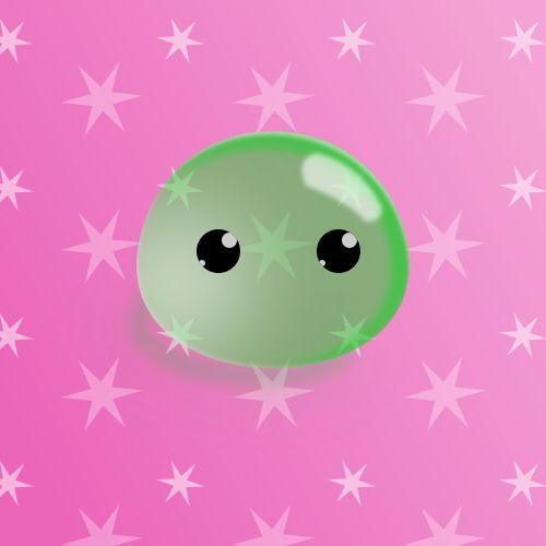 A green slime blob with cute eyes, on a pink star-patterned background. 