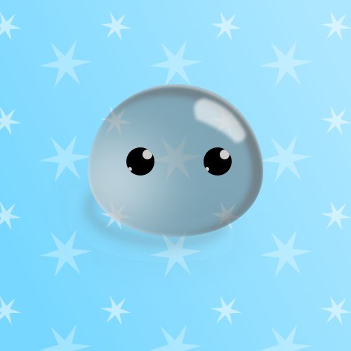 A grey slime blob with cute eyes, on a blue star-patterned background. 