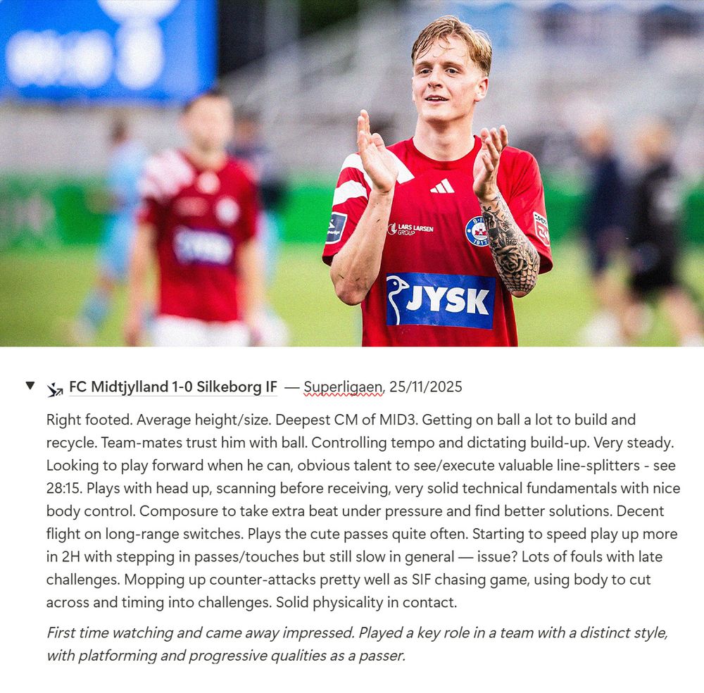 Graphic featuring match notes on Pelle Mattsson's performance for Silkeborg against FC Midtjylland in the 2024/25 Superligaen season. Above it is a photo of Mattsson in a red Silkeborg kit, clapping his fans.