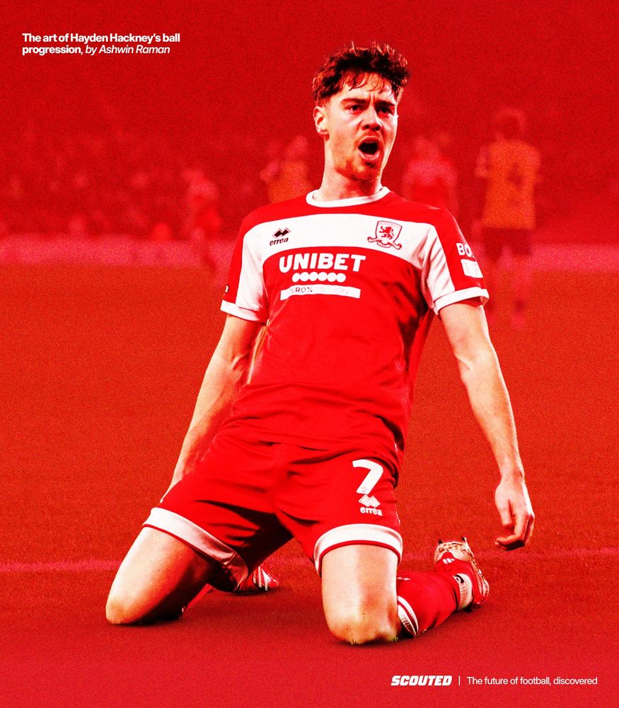 Graphic featuring Middlesbrough's Hayden Hackney knee sliding to celebrate a goal. It's set against a vibrant red background.