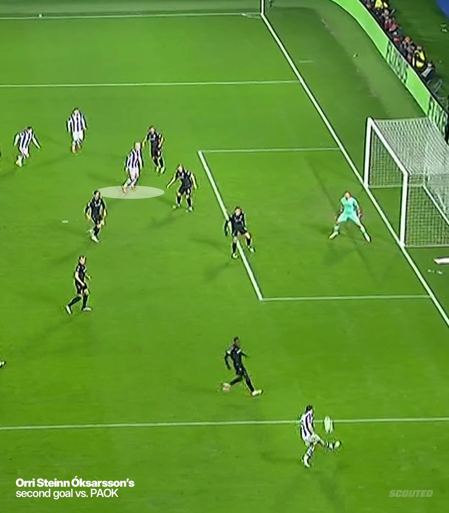 Orri Óskarsson hanging off the centre-back to score his first goal for Real Sociedad against PAOK.