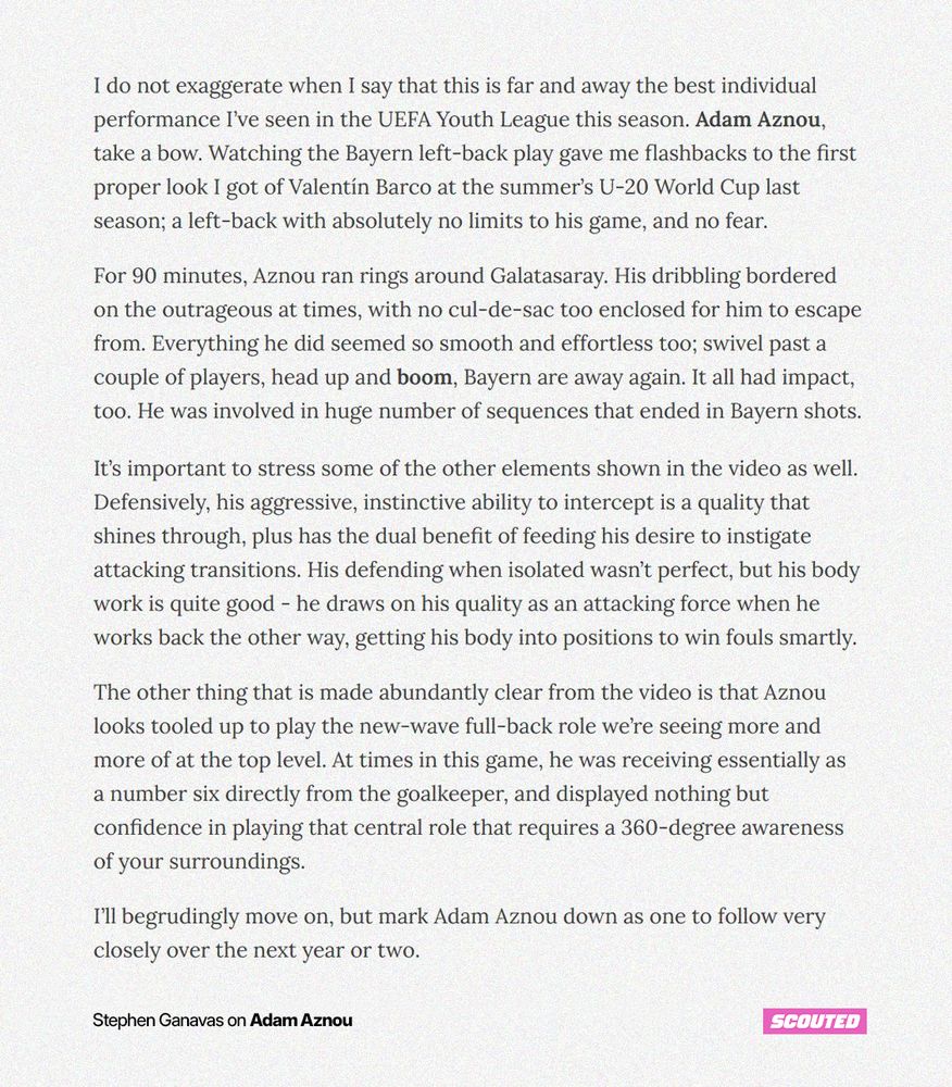 An excerpt from one of our UEFA Youth League round-ups which describes the performance of Adam Aznou against Galatasaray. It's set against an off-white background.