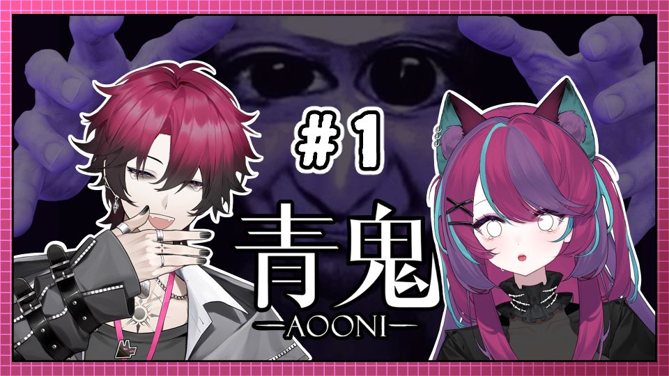 Youtube Thumbnail of Redd, a darkly dressed dog boy, and Ches, a darkly dressed cat girl. Behind them is the infamous oni from Ao Oni.