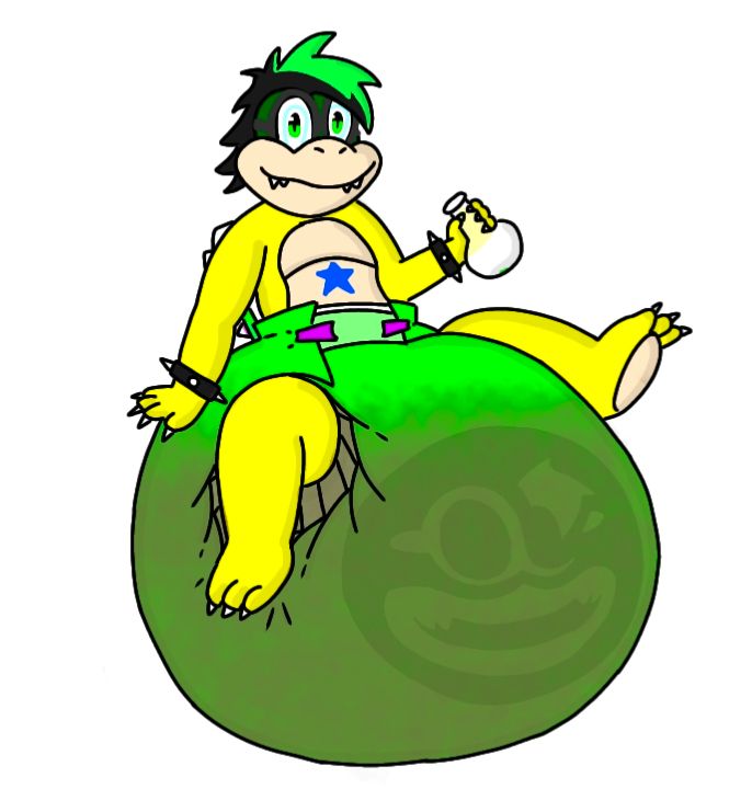 Digital art/drawing of Ivan Koopa wearing a hyper messy/soiled diaper while holding an empty hyper fill potion