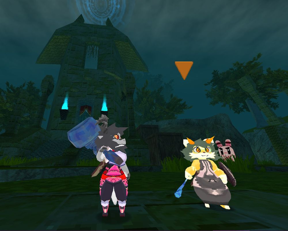 The hit game Atlyss, character on the left is my kubold "jackie" and the right is my boyfriend's poon "bakupoon"