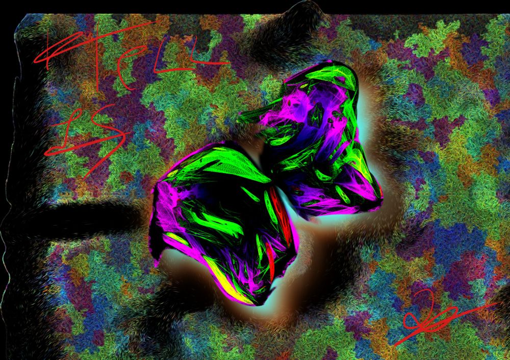 A photochromatic butterfly named flyter. This is the first created faexe (failed memory access xpired executable) in the next chapter of qrenz0f. Its wings are painted in photo negative amethyst and emerald, stained with blood glass. 