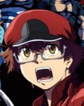 image of red blood cell AA2153 from a poster, he looks pretty similar (he has glasses, short hair, wide eyes, and a hat)
