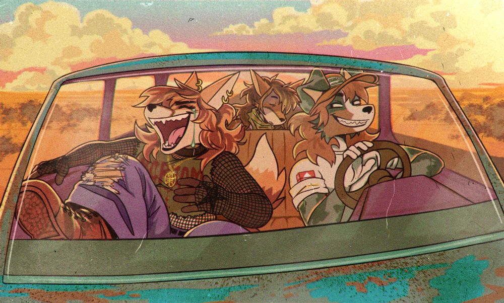a group of canids in a rusty old truck driving through a desert at sundown. fox on the passenger seat is laughing to the point of tears as the dog driving snickers along. coyote in the back is slumped over, fast asleep.