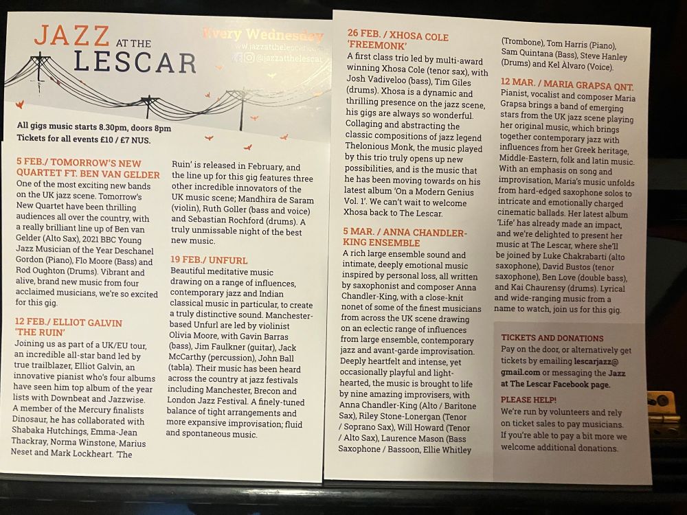 Photograph of jazz at The Lescar gig leaflets. 