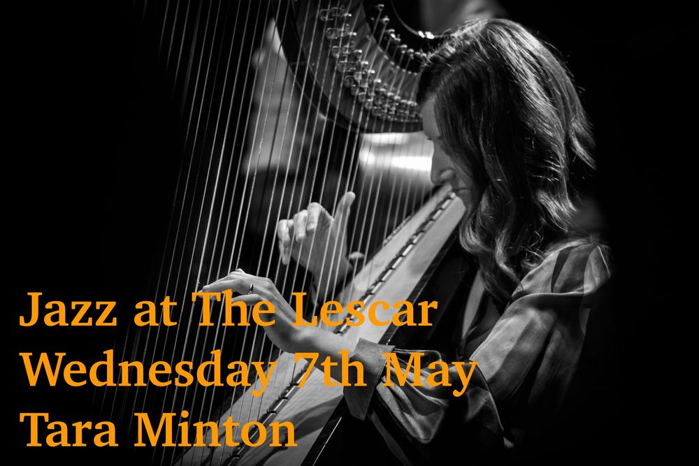 Gig poster for Tara Minton at The Lescar, showing Tara playing her harp.
