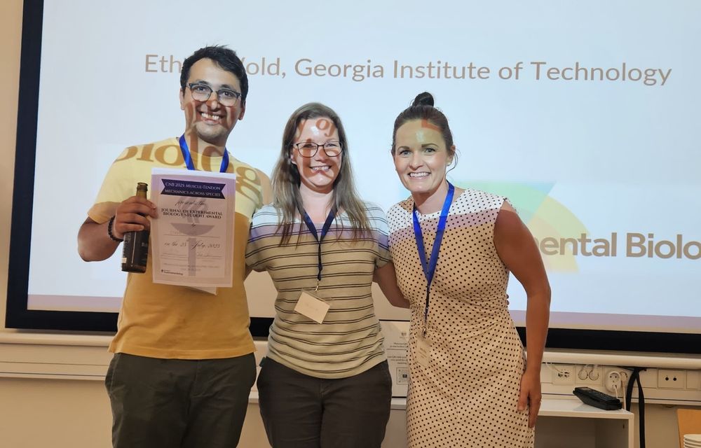 Photo of Ethan Wold (left), winner of the Journal of Experimental Biology Student Award at CNB 2025, with JEB Editor Monica Daley (centre) and Taylor Dick (right).