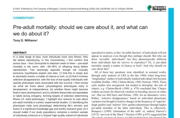 A screenshot of the article titled 'Pre-adult mortality: should we care about it, and what can we do about it?' by Tony Williams.