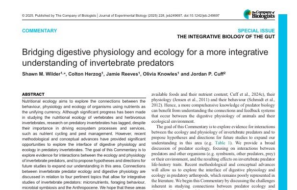 A screenshot of the Commentary titled 'Bridging digestive physiology and ecology for a more integrative understanding of invertebrate predators' by Shawn Wilder, Colton Herzog, Jamie Reeves, Olivia Knowles and Jordan Cuff.