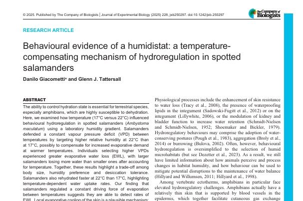 A screenshot of the research article titled 'Behavioural evidence of a humidistat: a temperature-compensating mechanism of hydroregulation in spotted salamanders' by Danilo Giacometti and Glenn J Tattersall.