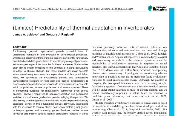 A screenshot of the Review article titled '(Limited) Predictability of thermal adaptation in invertebrates' by James deMayo and Gregory Ragland