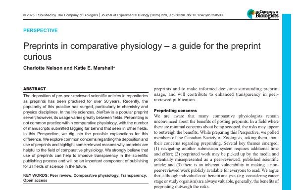 A screenshot of the article titled 'Preprints in comparative physiology - a guide for the preprint curious' by Charlotte Nelson and Katie Marshall.