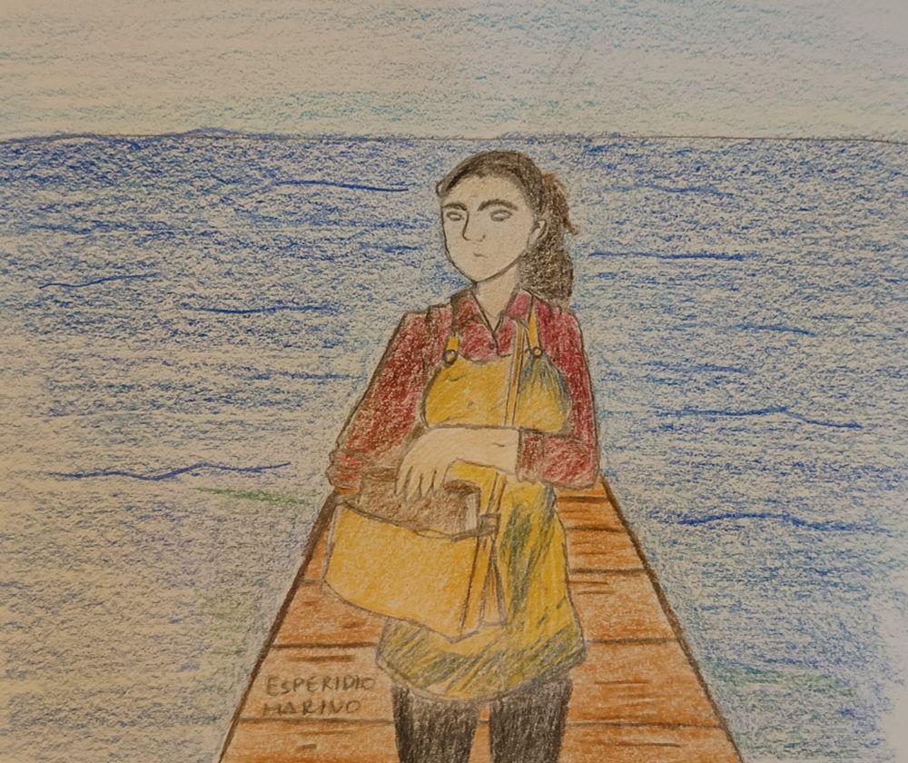 Drawing of a woman with a ponytail on a dock, pulling a book out of her bag.
Sea and sky in the background.