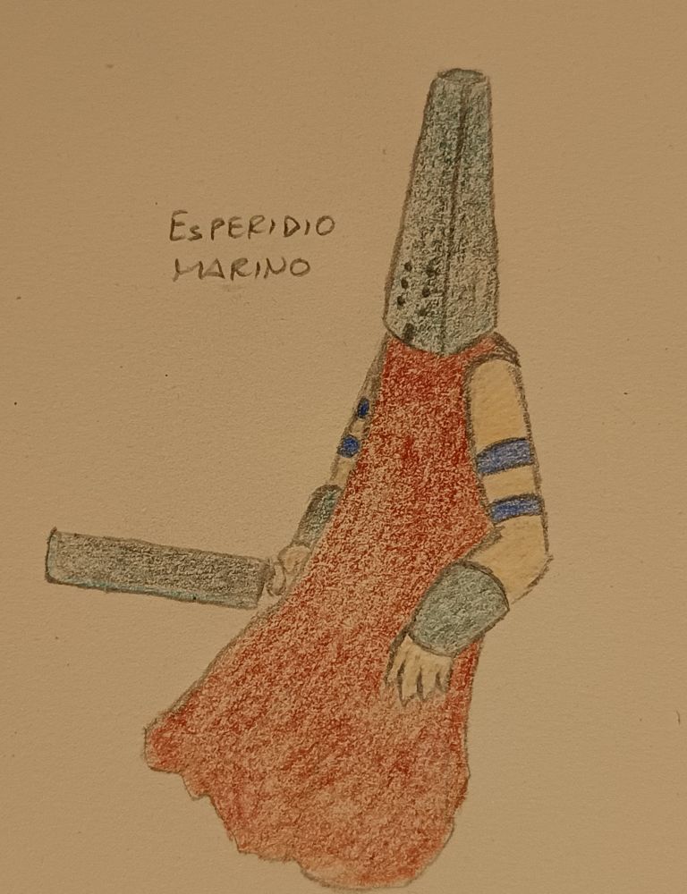 Drawing of a person with a red cloak, arm bands and bracers, a tall helm and a sword.