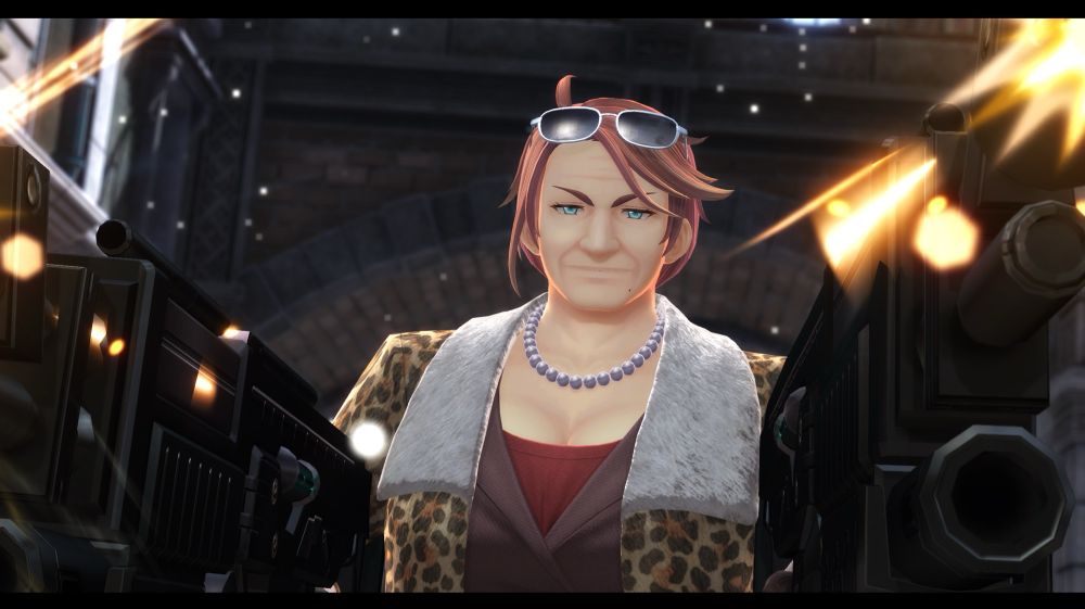 Grandma Lantser from Trails Into Daybreak holding two assault rifles and firing 