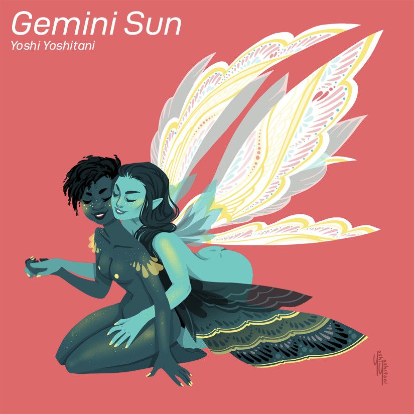 Gemini Sun from the Art Book Fairy Friends by Yoshi Yoshitani. There two fairies, one who is green-grey with moth wings, and one is blue with butterfly wings 