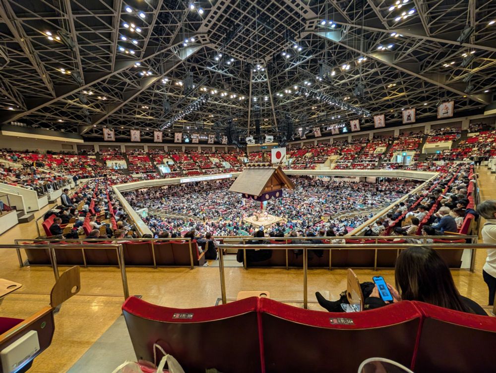 Kokugikan, the sumo arena in Tokyo. A wide shot from the second floor. 