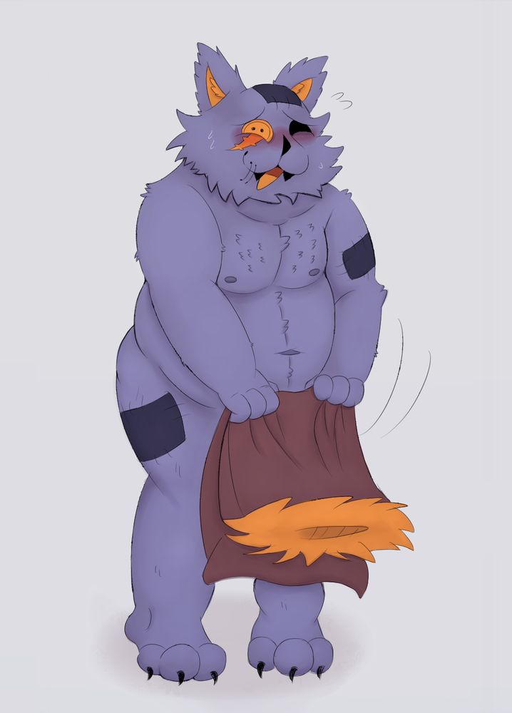 Seam from deltarune covering up his little Seam using his cloak robe thing and blushing, giving an embarrassed, bashful grin. Still naked btw