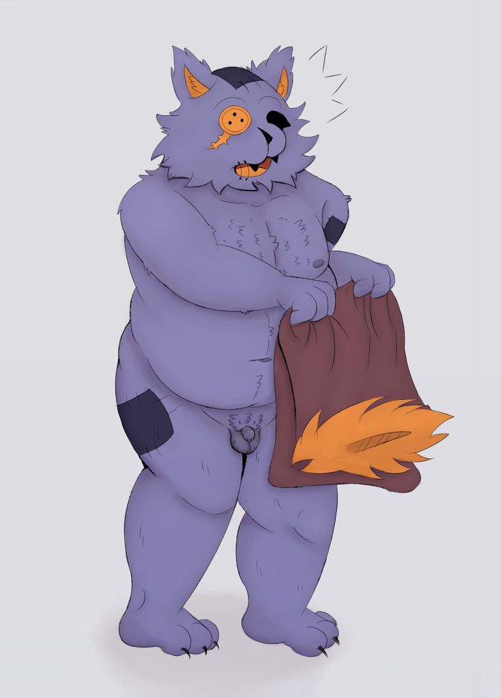 Seam from Deltarune naked holding his cloak, looking surprised to see the viewer. His small, uncut cock is on full display, as well as his hairy chest and slightly chubby belly. His little cotton balls am I right 