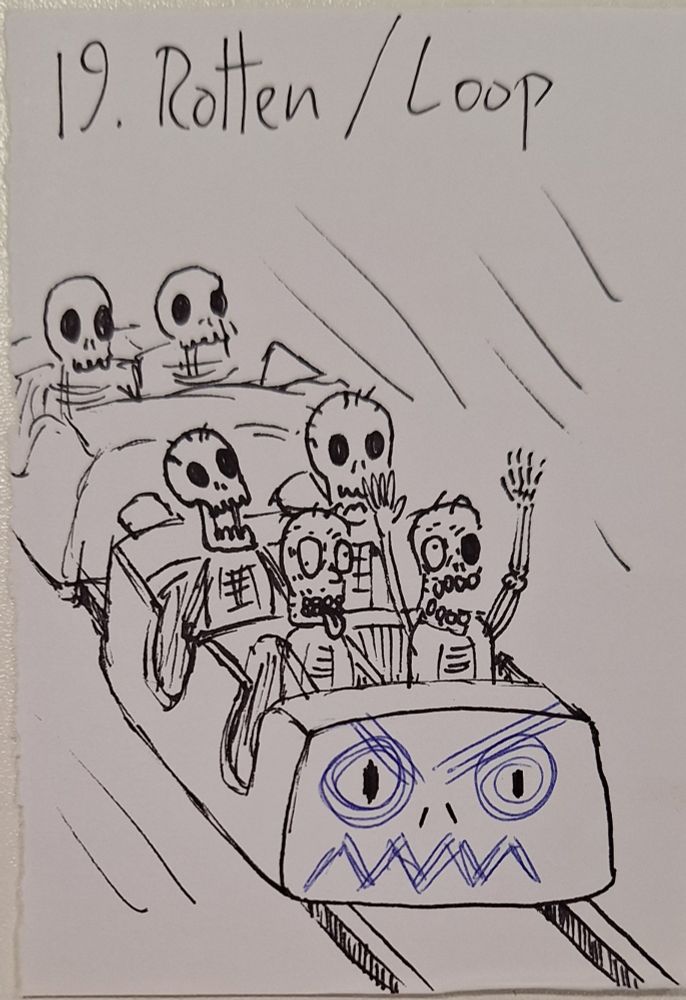 An illustration of a group of zombies and skeletons raiding in aroller coaster cart. They are dead excited to be at a theme park. (Sorry not sorry, pun intended, i will do it again) inktober prompt rotten / loop