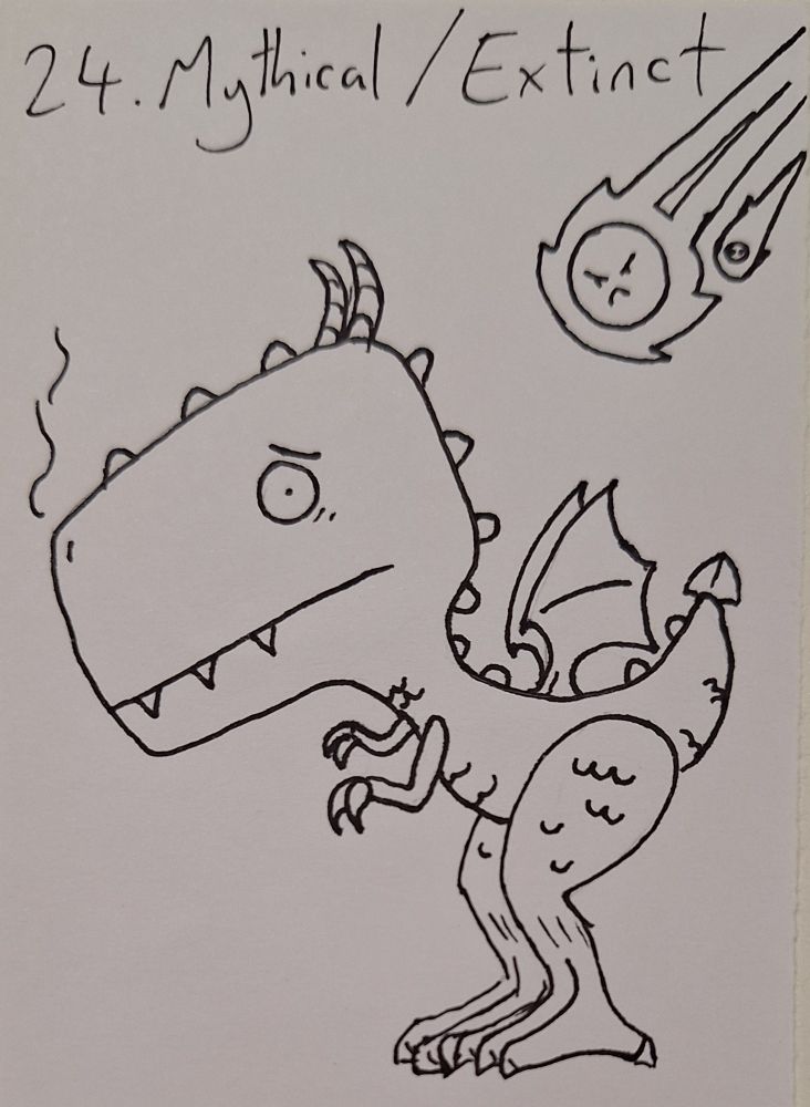 An illustrated Dinosaur/ dragon hybrid about to be smoothed by an asteroid. He looks worried.