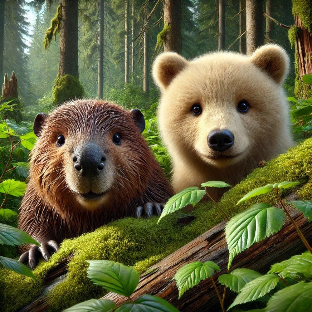 Ein kleiner Biber und ein kleiner Teddy schauen den Betrachter aus dem Wald heraus freundlich an. 