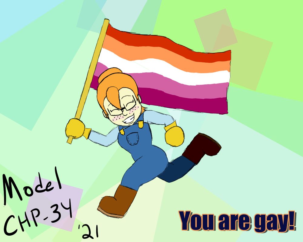 My OC, Susan Welsh, holding a lesbian pride flag in reference to Mario's victory screen from Super Smash Bros. for the Nintendo 64.

The text at the bottom reads "You are gay!"