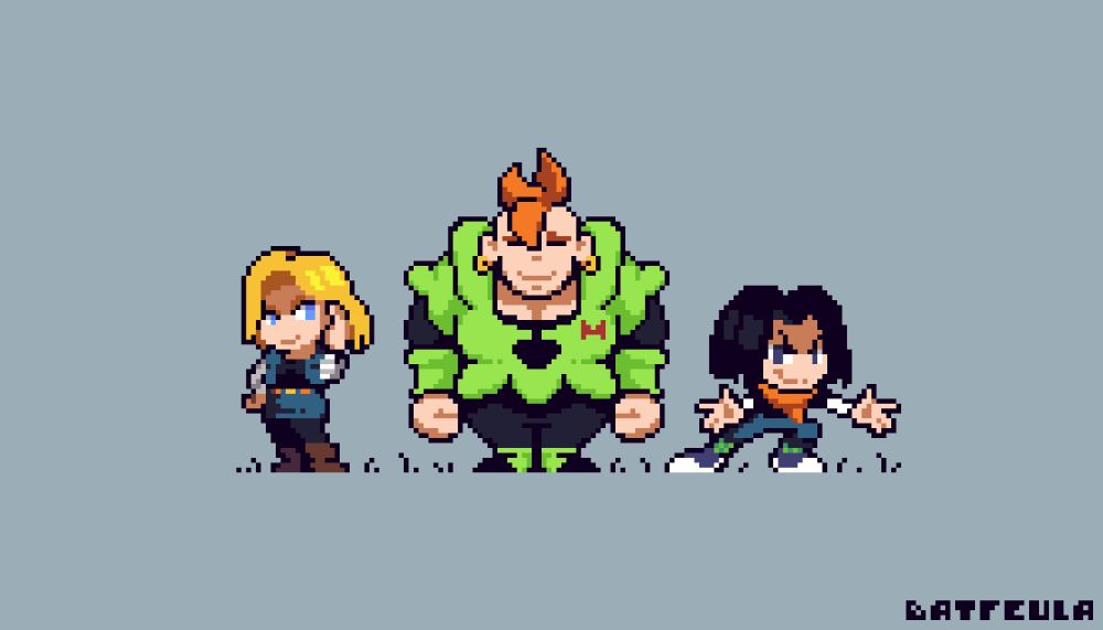 android 18, 16 and 17 from Dragonball Z in a cute small pixel style