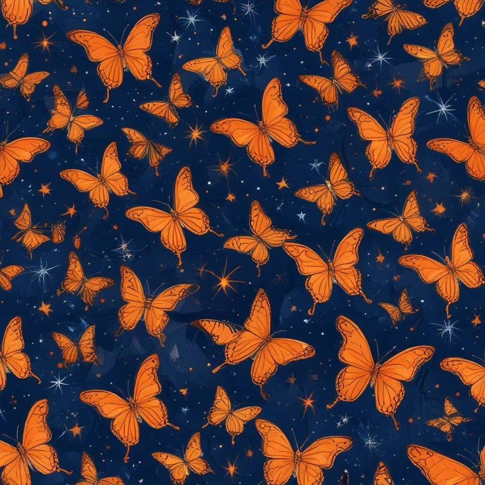 Vìele orangefarbene Schmetterlinge am Nachthimmel. KI-BILD 