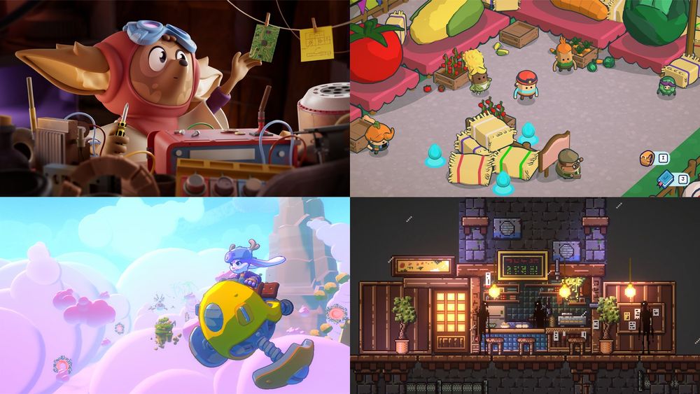 A collage of four images of projects that Rob has worked on. The top left image is a 3D render of a strange humanoid fox-like animal working on old technology. On the top right is an image from a game called Pine Hearts showing the main character Tyke; a small boy with a red hat standing amongst other characters. Bottom left is an image from a game called Cloud Jumper and shows a purple rabbit humanoid character riding on a yellow flying bike and looking bad ass! Bottom right is a pixel art image of a dreary Japanese street inspired scene at night; with dim glowing lights and rain. Strange shadowy figures stand by a food stall.