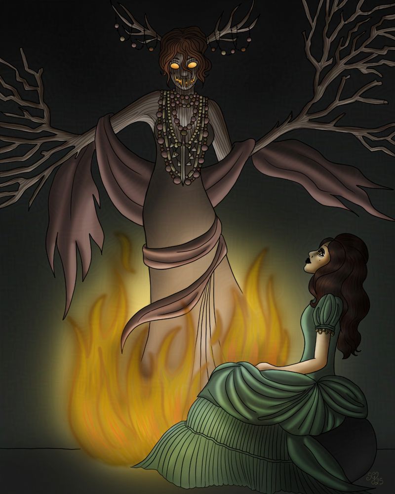 Half tree goddess with yellow glowing eyes and antlers standing in a fire. A woman in a green dress looking up at her. 