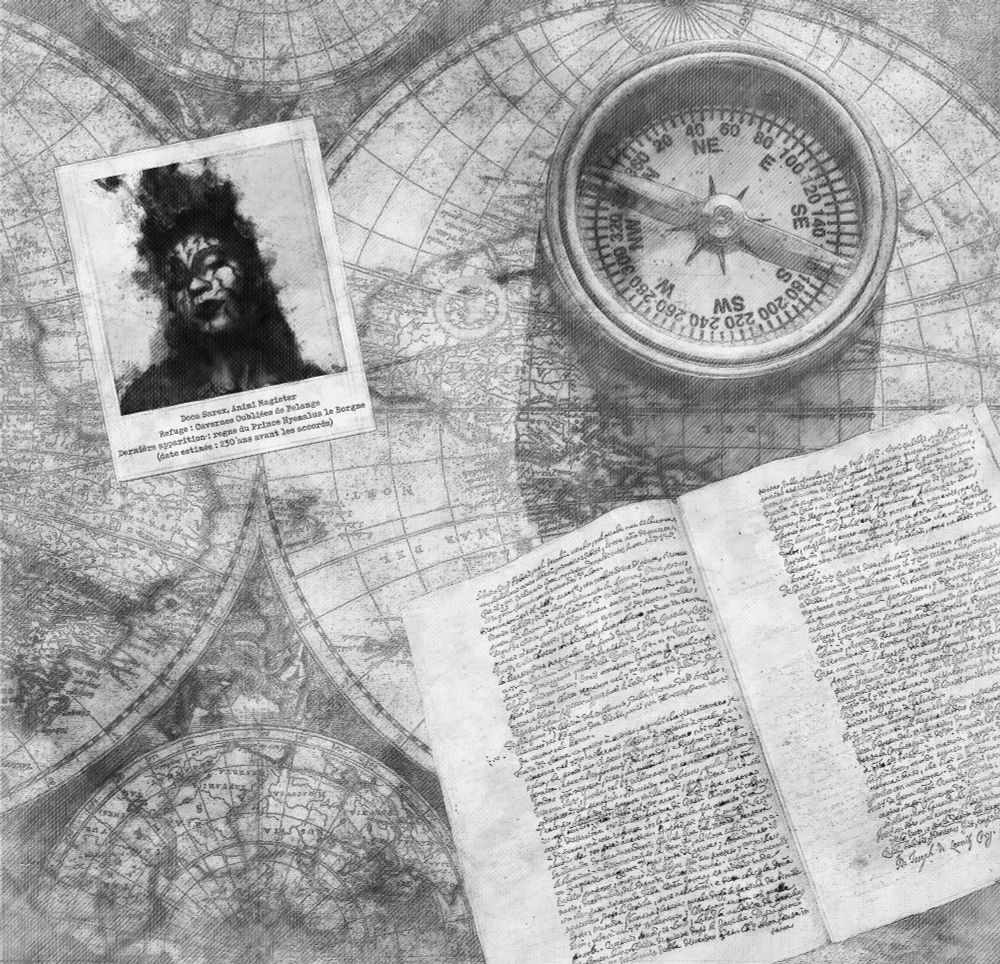 Une carte avec une boussole et un livre manuscript. On voit aussi un polaroïd de Doca Sarex, entité enfermée dans un donjon depuis fort longtemps. 