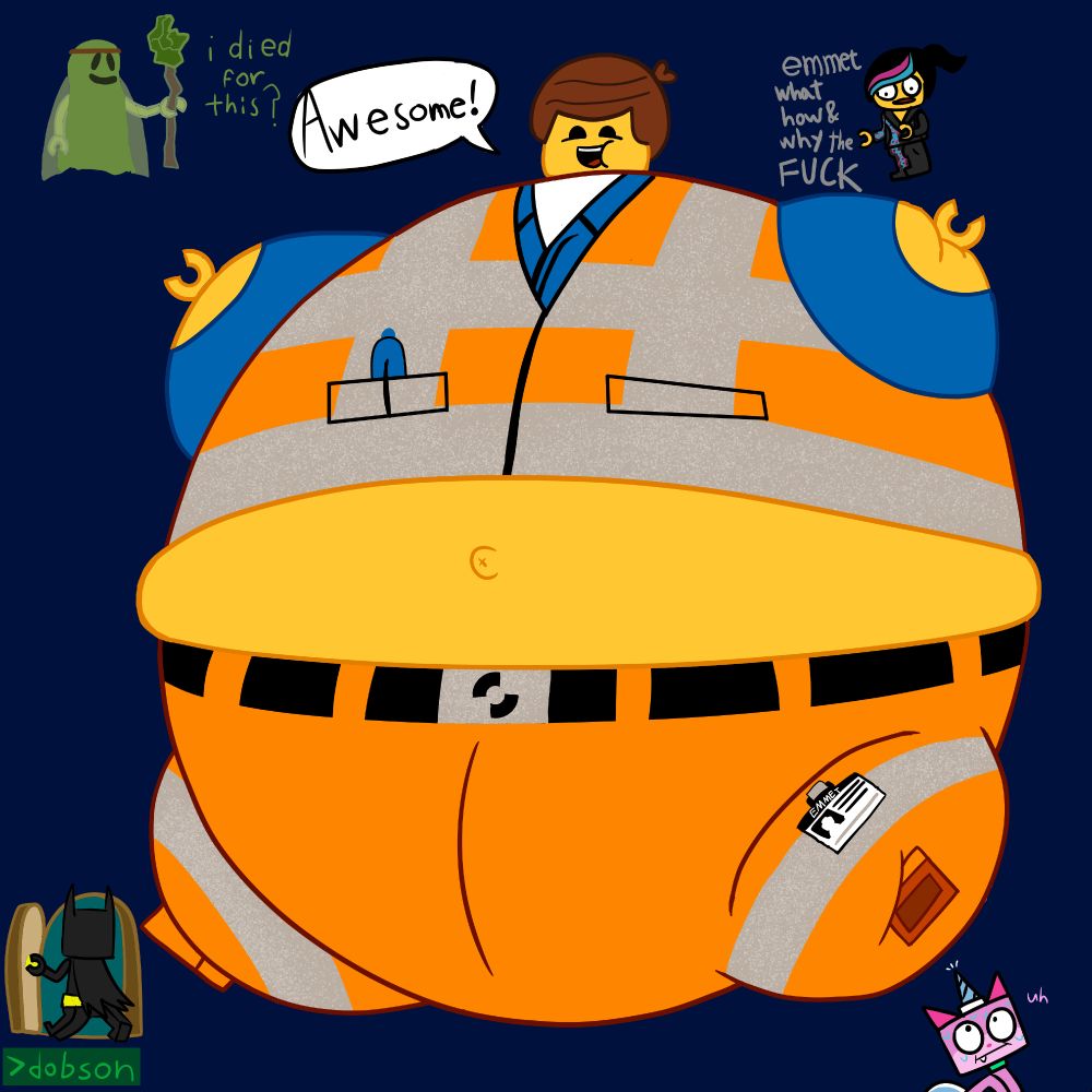 Emmet Brickowski from The Lego Movie blown up like a big round blimp with his belly button poking out. He enthusiastically shouts "Awesome!" His friends react accordingly (clockwise from the top-left): Ghost Vitruvious questions if his sacrifice was truly worth it, Wyldstyle/Lucy shows her exasperation at the situation, Unikitty shows concern for her sharp horn potentislly making contact with Emmet's bloated form, and Batman just leaves.