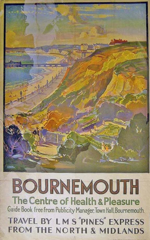 Old railway poster for Bournemouth: The Centre of Health and Pleasure, with cliffs, sea, and pier