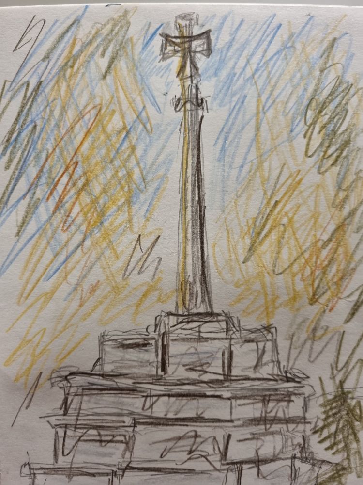 Drawing of grey-brown memorial with cross on blue, green, brown, and gold background.