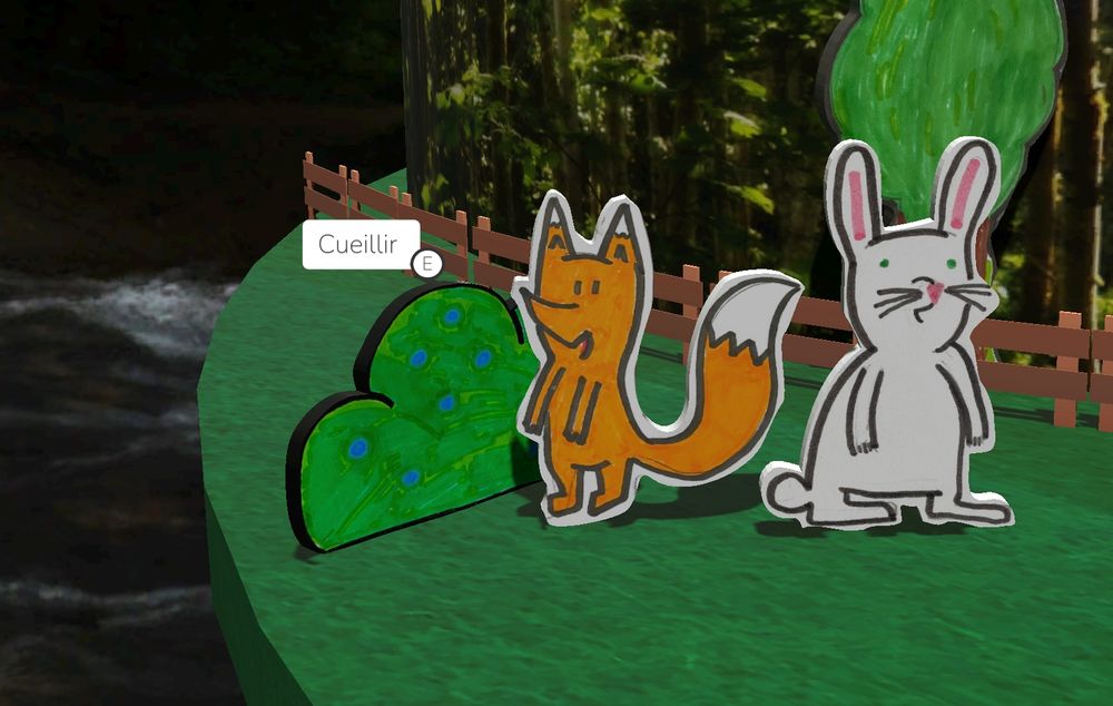In-game screenshot of Fox interacting with the bush. Rabbit is right there looking the other way. A tooltipe above the bush says "Cueillir" ("Pick").