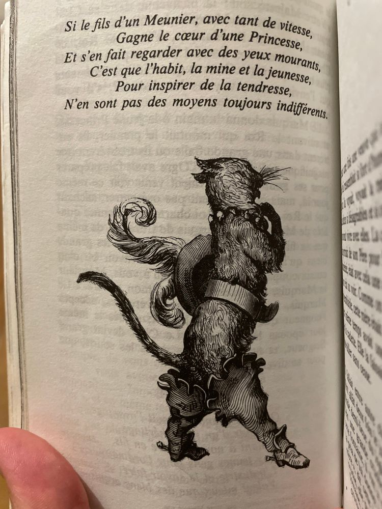 Page de livre de poche :

Si le fils d'un Meunier, avec tant de vitesse, 
Gagne le cœur d une Princesse, 
Et s'en fait regarder avec des yeux mourants, 
C'est que l'habit, la mine et la jeunesse, 
Pour inspirer de la tendresse,
N'en sont pas des moyens toujours indiférents.

[gravure du Chat Botté]