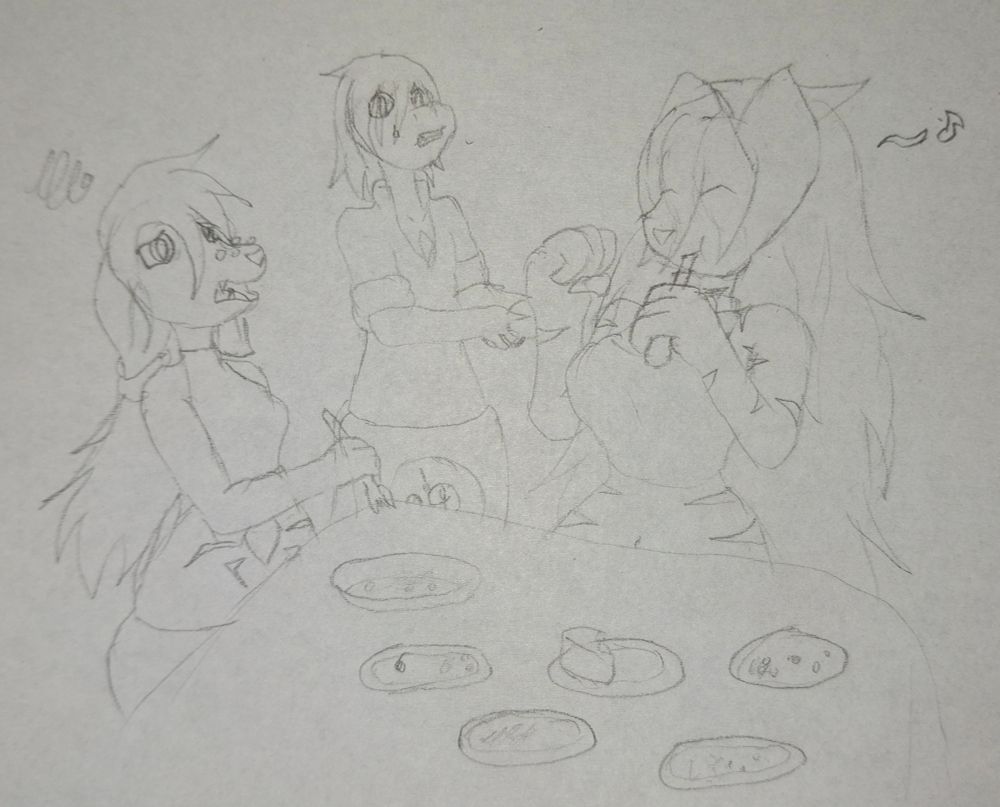 "Thanks for helping out with all this," Soruka said. "I want to expand The Grounds' menu with some more desserts for the holidays, and with all the flailing around on other business I hadn't had the time."

"Don't sweat it chief~" Lein shrugged, picking up a fork. "Besides, you're a banger of a chef. I'm sure ya whipped up some top-gear creamy treats as usu--"

The dull thunk of the fork on the foil pie tin cut them off, drew their attention to the table. Save for a few crumbs and slices of pear, it was empty. Checking the other turrines and platters of would-be desserts, it appeared there was naught but scraps in each of them: a stray cherry, a few stains of fruity or chocolatey sauces. There was a lone slice of cheesecake on one plate, plain New York style Lein guessed, but soon a fork entered its tanned side, excised a chunk, brought it up to an eagar mouth.

"Hey, I wanted that one!" Lein pouted as she watched the greedy Felique chew and shiver in delight.

"This was supposed to be a taste-test, Sei, not a buffet-style pig-out," Soruka sighed. "Guess I should be happy that it seems to be your taste, but I'd like some feedback, y'know... with words? Pretty sure you can't do that, ya glutton."

Seiril gulped down her bit of cheesecake, looked to Soruka, then to the empty plates in front of her, then to the disappointed Yeni to her side. A swilling feeling entered her head, spoiled the sweet smile she wore; she loved sweets, but she didn't mean to make her friends upset. Her lips quavered as she'd realized the error, and she pushed the half-eaten slice of cheesecake toward Lein as a loose apology.

"N'aaww, it's alright, Saph~ Not your fault 'Ruka's got'cha by the tongue~ Well, at least I'll get to try this."

"Cripes... I guess I'll have to make more and postpone the taste test for another day."