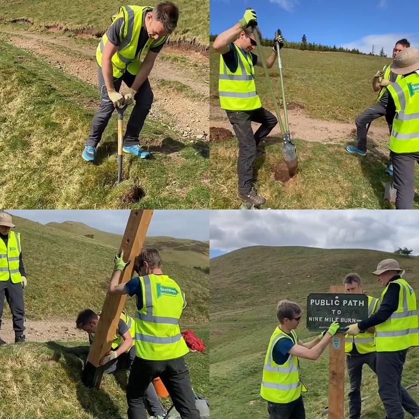 Four photos of three people digging a hole and installing a wooden post and cast iron sign in the Pentland Hills on a sunny day