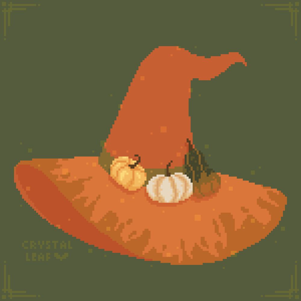 Pixel art of an orange witch hat decorated with a green ribbon and yellow, white, and green pumpkins. There are faint sparkles around the hat