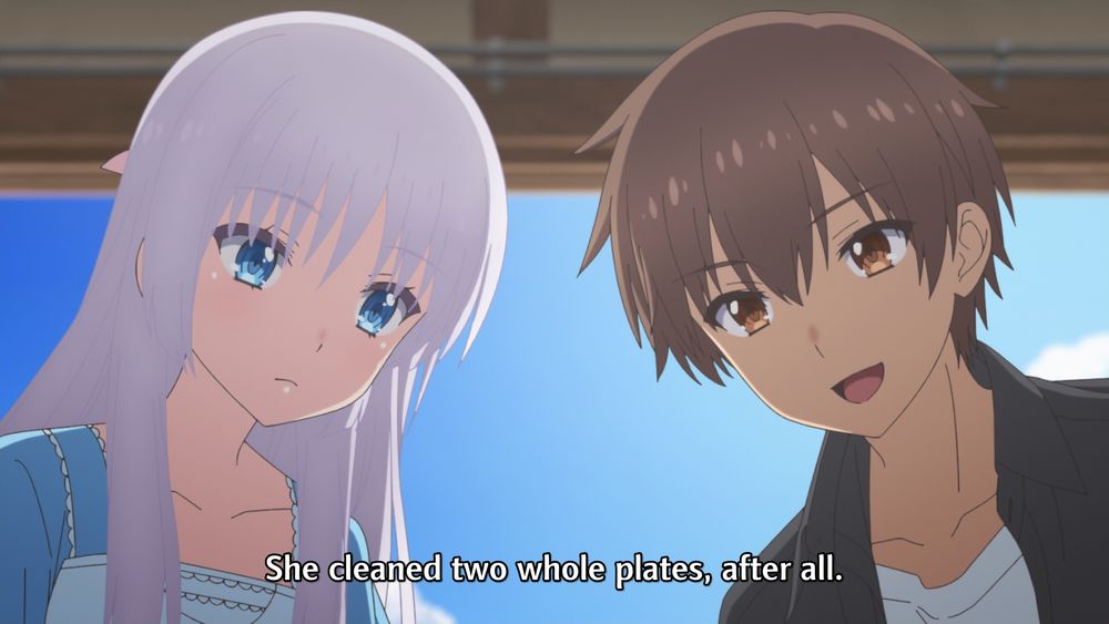 Brown-haired boy enters the frame and points out "She cleaned two whole plates, after all."