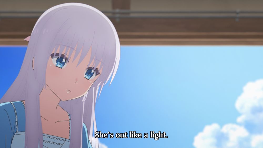 White-haired anime girl remarks, "She's out like a light."