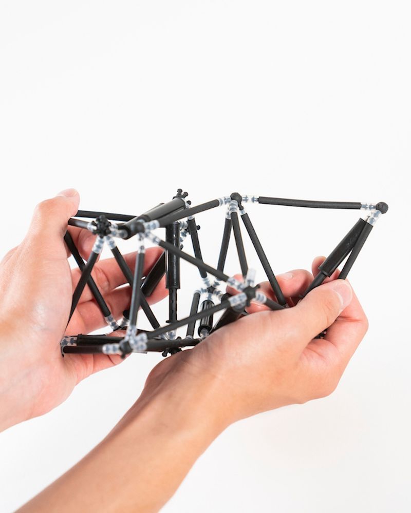Two hands hold up a PneuMesh robot. (Photo by Adam Lau/UC Berkeley Engineering)
