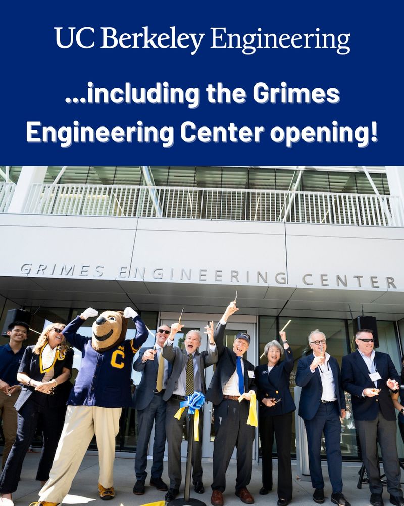 Text: “...including the Grimes Engineering Center opening!” Oski cheers during the ribbon cutting at the Grimes Engineering Center opening. (Photo by Adam Lau/Berkeley Engineering)