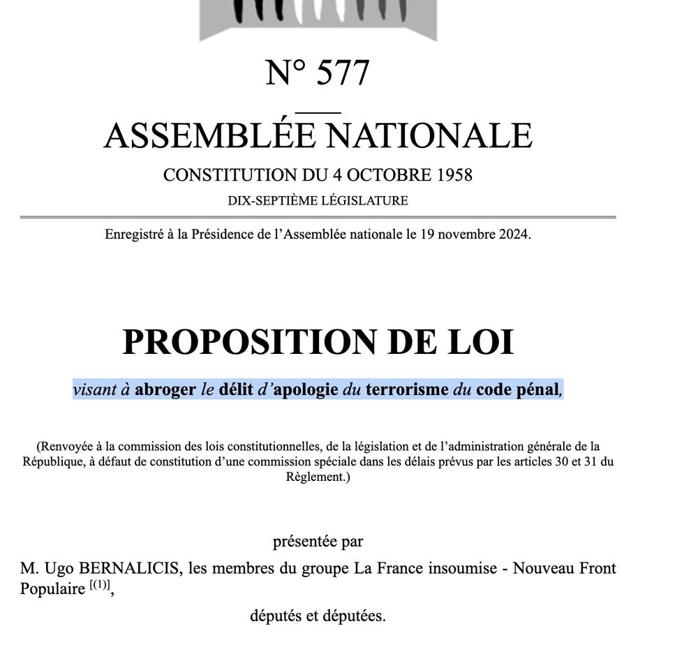 Proposition de loi visant à abroger le délit d'apologie du terrorisme.